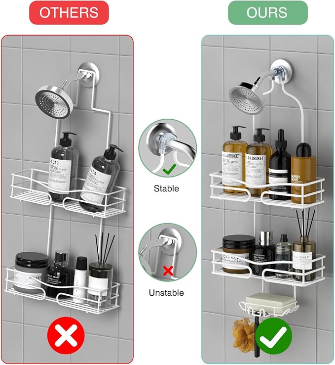 DAOYA Over Head Shower Caddy - Bathroom Shower Organizer with Soap Holder & 6 Hooks for Towels, White, 76L Capacity, Hanging Mount, Rust Resistant - Image 6
