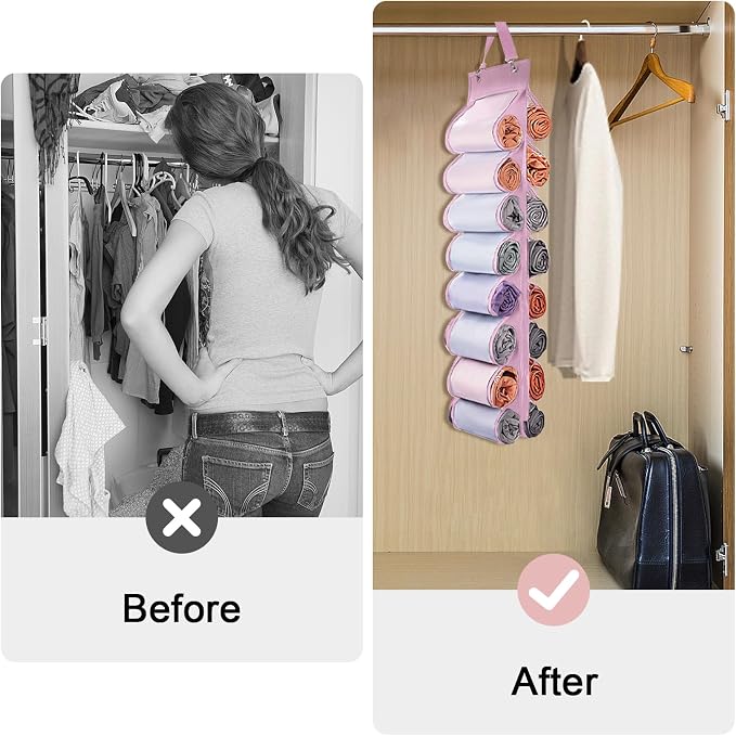 DHSFKBE Legging Organizer Storage, 2PCS T Shirt Organizer, Foldable Hanging Closet Organizer Storage with 16 Roll Independent Compartments for Yoga Pants, Tank Top, Towel, Underwear (Pink) - Image 4