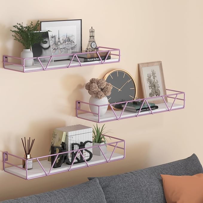 Amaoot Floating Shelves Set of 3, Home Wood Wall Shelf, Farmhouse Shelf for Bedroom, Wall Mounted Floating Shelf for Living Room, Bedroom, Bathroom, Kitchen, Office (Pink) - Image 2