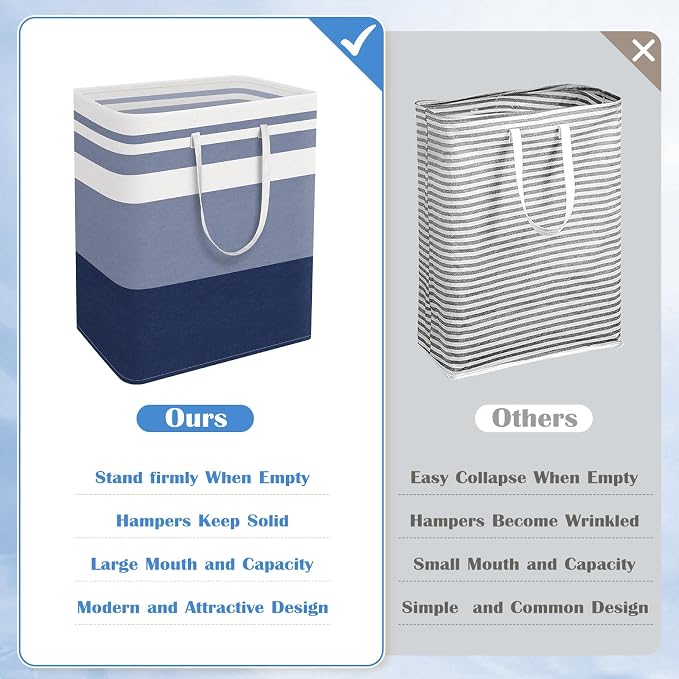 BlissTotes 3-Pack Laundry Basket, Freestanding＆Waterproof Laundry Hamper, Collapsible Tall Clothes Hamper with Easy Carry Handles for Clothes, Towels in the Family and Dorm,Gradient Blue,125L - Image 3