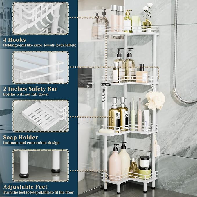 Consumest Corner Shower Caddy Standing - 4-Tier Stainless Steel Shower Organizer with Soap Holder and 4 Hooks, Large Capacity Corner Shelf Stand for Bathroom, Rest Room, White - Image 3