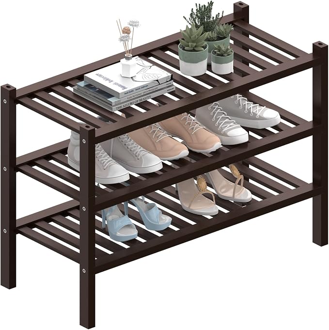 ROMGUAR CRAFT 3 Tier (Thick) Bamboo Shoe Rack for Closet Free Standing Wood Shoe Shelf for Entryway Small Space Stackable 27"x12"x21" (Black Brown) by ROMGUAR+CRAFT