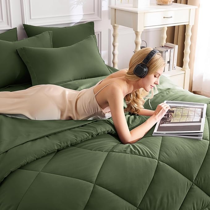 CozyLux Queen Comforter Set Olive Green - Bed in a Bag Queen Size 7 Pieces, Luxury Soft Bed Set for All Seasons, Bedding Set with Down Alternative Comforter, Sheets, Pillowcases & Shams