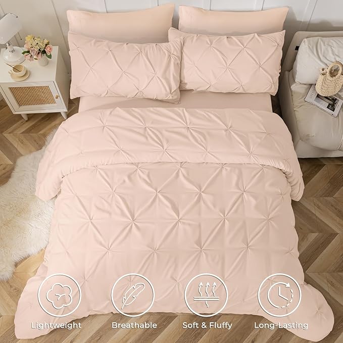 Sasttie California King Comforter Set, 7-Piece Bed in a Bag, Pintuck Bedding Sets for All Season, Includes Comforter, Flat Sheet, Fitted Sheet, Pillowcases and Pillowshams, Blush Pink