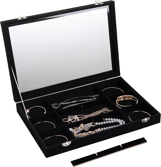 Frebeauty Velvet Jewelry Tray,12 Grid Jewelry Organizer with Clear Lid,Bracelets Holder,Jewelry Display Case with Clasp,Drawer Insert Bangle Brooch,13.8 x 9.5 x 2 Inches,Gift for Women Girls(Black) - Image 5