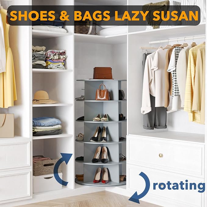 SpaceAid 5 Tier Rotating Shoe Rack Tower, Spinning Shoe Display Lazy Susan, Revolving 360 Shoe Rack Storage Round Carousel, Vertical Handbag Rotate Shoes Closet Organization (5-Tier Gray) - Image 4