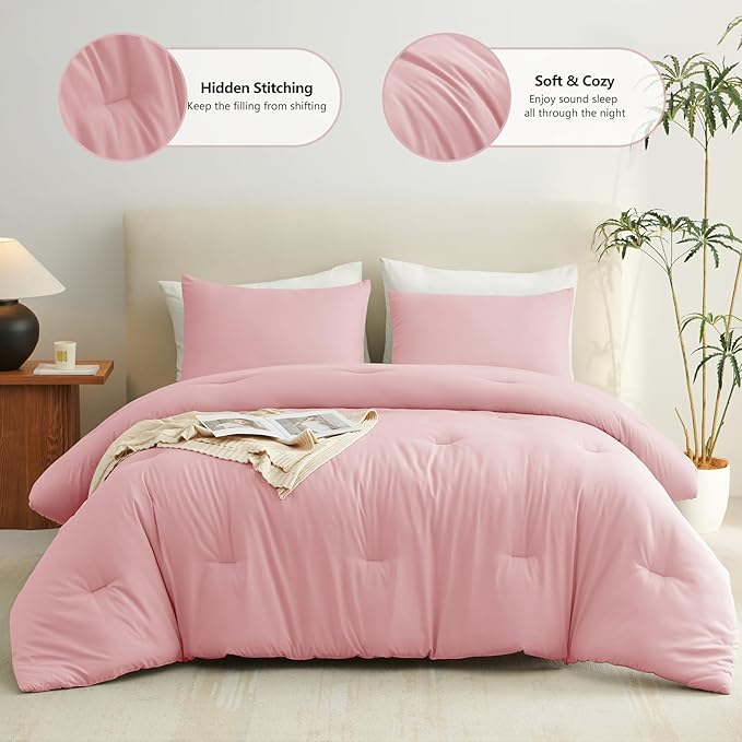 CozyLux Queen Comforter Set Pink, 3 Pieces Solid Comforters Queen Size Breathable Quilted Bedding Sets, Luxury Soft Lightweight Bed Set with Down Alternative Comforter and 2 Pillowcases All Seasons