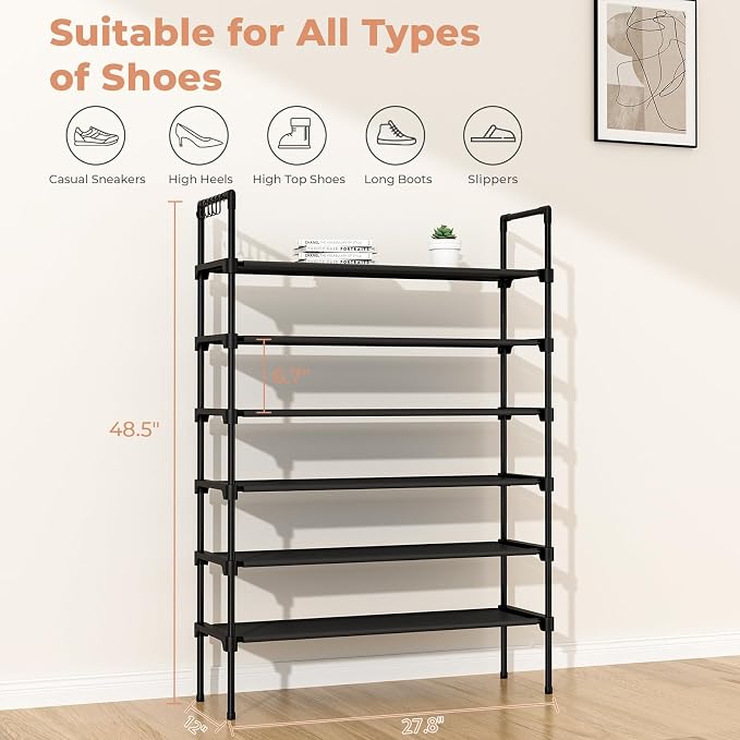 LANTEFUL 6 Tier Shoe Rack for Closet Shoe Organizer with 5 Hooks, Long Shoe Shelf Storage for Shoe and Boot Stackable Free Standing Shoe Rack for Entryway, Garage, Small Spaces, Dorm, Black - Image 3