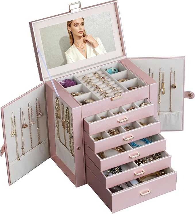 BOOVO Jewelry Box For women, 6 Layer Large Jewelry Organizer With Mirror, Multi-Function Storage Box With Lock, Necklace Holder With 5 Drawers, For Earrings Necklace Bracelet (Rose Gold and Gold) by BOOVO