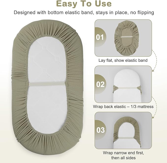 Basumee Muslin Bassinet Sheets for Baby Girl Boy 2 Pack Soft Breathable Baby Bedside Bassinet Fitted Sheets with Bottom Elastic Band Mattress Cover for Rectangle Oval Hourglass Bassinets