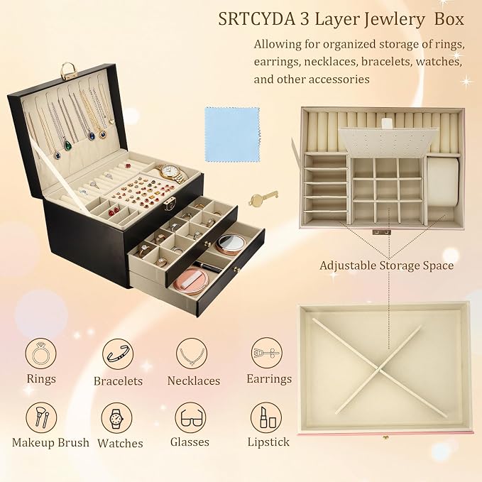 SRTCYDA Jewelry Box for Women, Large PU Leather jewelry organizers and storage, 3-Layer Jewelry Storage with 2 Drawers, Space-Saving Design for Vanity, Holds All Types of Jewelry (Black) - Image 4