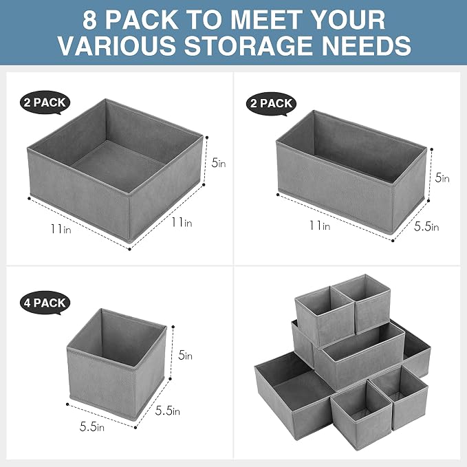 Criusia Drawer Organizer Clothes, 8 Pack Underwear Organizer, Foldable Closet Organizers and Storage Dresser Dividers for Clothes, Socks, Scarves, Ties (Gray) - Image 3