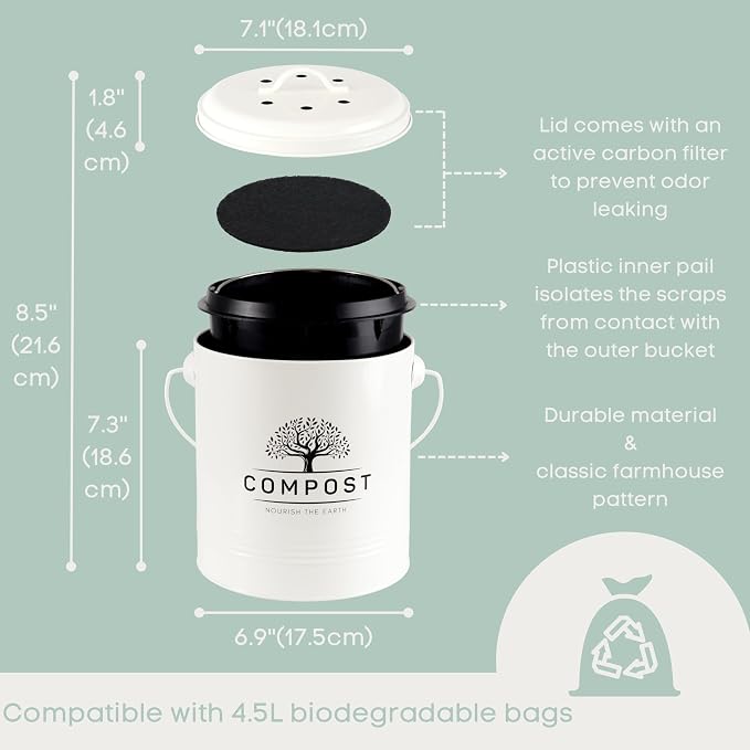 Perfnique Kitchen Compost Bin, 1.3 Gallon Countertop Compost Bin with Lid, Indoor Compost Bucket Includes Inner Bucket Liner and Carbon Filter, Small Compost Bin (Without Bags, Cream) - Image 2