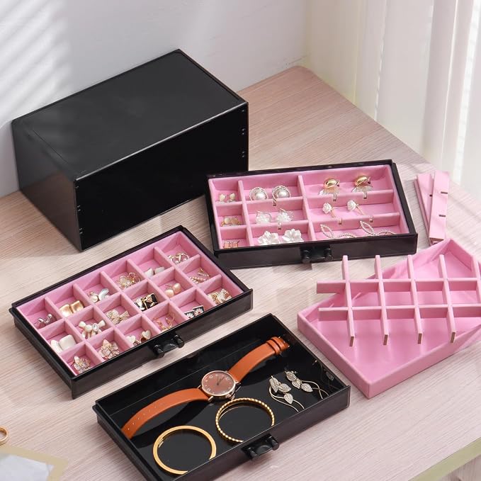 YUFONG Earring Organizer Box Acrylic Jewelry Organizer with 3 Drawers 54 Adjustable Grids Clear Stackable Earring Holder Velvet Trays Ring Display Case for Women Girls (Black Pink) - Image 3