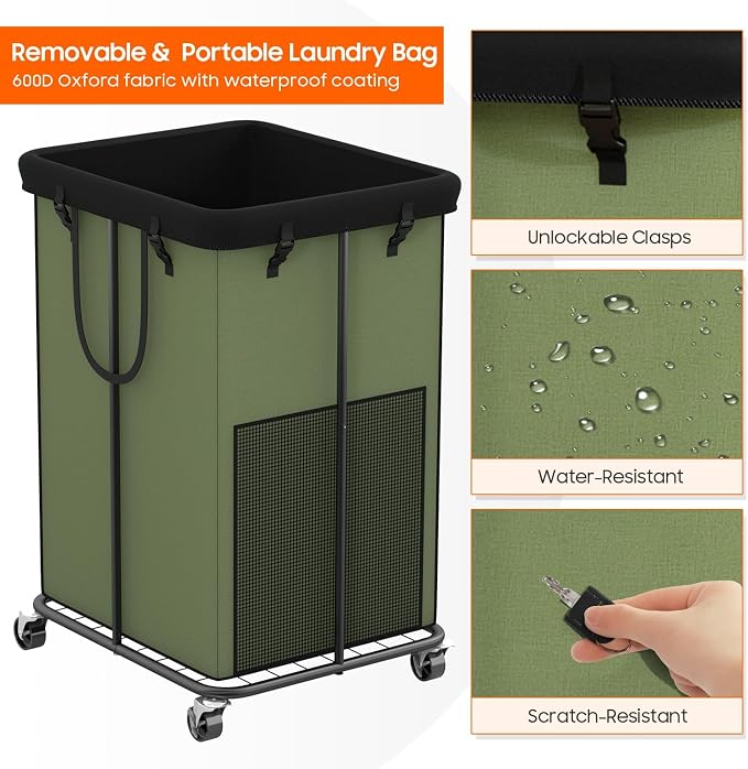 150L Laundry Hamper with Wheels, Rolling Laundry Basket with Metal Frame and Removable Bag, Large & Tall Dirty Clothes Hampers for Bedroom Aesthetic, Laundry Room, Bathroom, Dorm-Green - Image 6