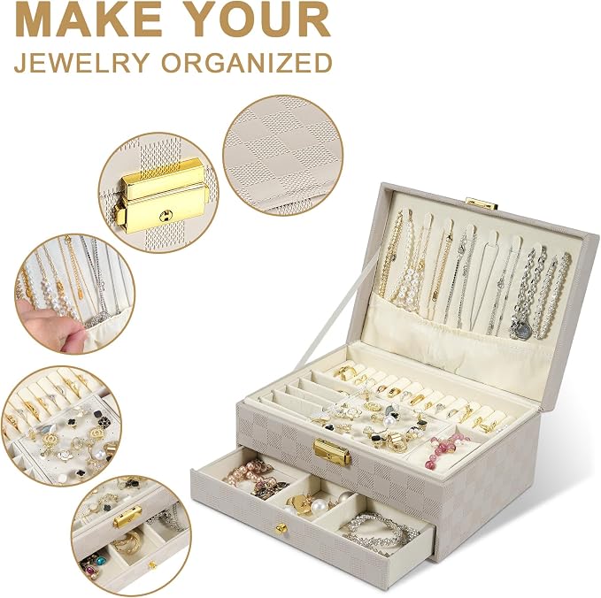 GUOER Jewelry Box for Women Girl Wife - Large PU Leather Jewelry Organizer Storage Case with Two Layers Display for Earrings Bracelets Rings Watches (Light Khaki) - Image 2