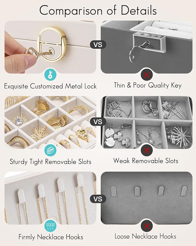 VLANDO 2 Layer Jewelry Box,Jewelry Organizer Storage Lockable Earring Organizer Removable Jewelry Tray with Watch Pillow for Neckable Ring Bracelets-Cream White - Image 6
