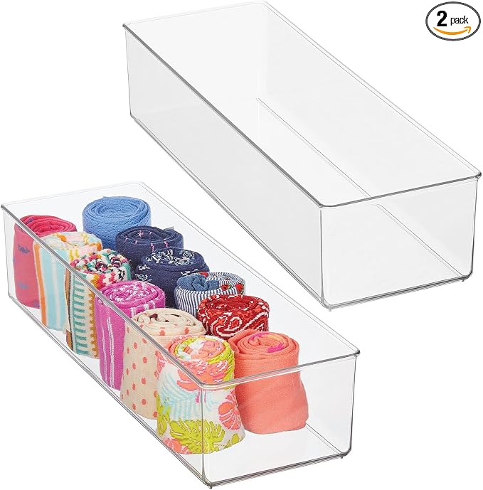 mDesign Plastic Drawer Organizer Box, Long Storage Organizer Bin Container; For Closets, Bedrooms, Use for Leggings, Socks, Ties, Jewelry, Accessories - Lumiere Collection - 2 Pack - Clear by mDesign