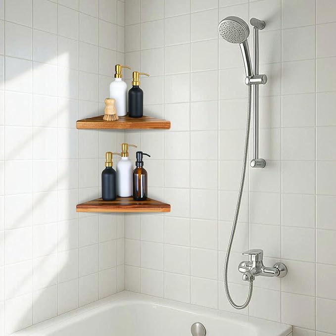 ENKEZI Acacia 2,3 Tiers Corner Shower Shelf, Triangular Corner Shelf Wooden Bathroom Shelf for Tiled Wall, Shower Corner Shelf, No Drilling Requied (2) - Image 6
