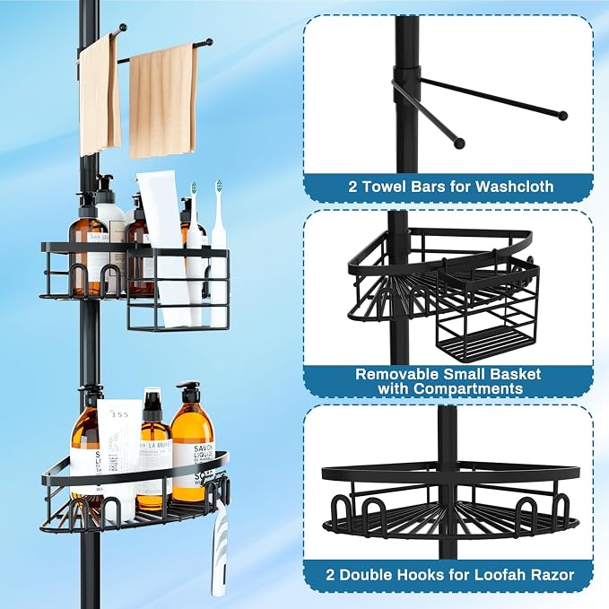 cutefafa Rustproof Corner Shower Caddy Tension Pole, 4 Large Baskets for Bathtub Shampoo Storage Organizer Bathroom Height Adjustable Shelves from 23.6 to 114.5 Inch with Towel Bar - Image 3