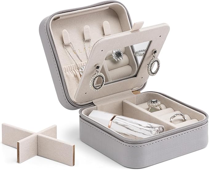 Vlando Small Travel Jewelry Box Organizer - Mirrored Jewelries Necklaces Rings Earrings Necklace Storage Case, Gray by VLANDO
