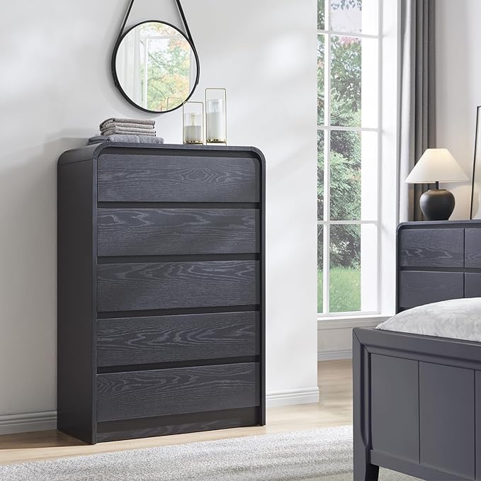 Aitjunz Modern 5 Drawers Dresser for Bedroom, 45" Tall Dressers & Chests of Drawers w/Curved Profile Design, Wood Mid Century Vertical Dresser w/Natural Texture for Bedroom, Living Room, Black