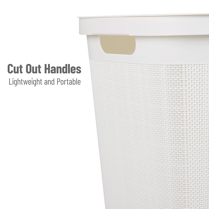 Mind Reader 60L Slim Laundry Hamper, Clothes Basket, Lid, Linen Design, Plastic, White - Image 4