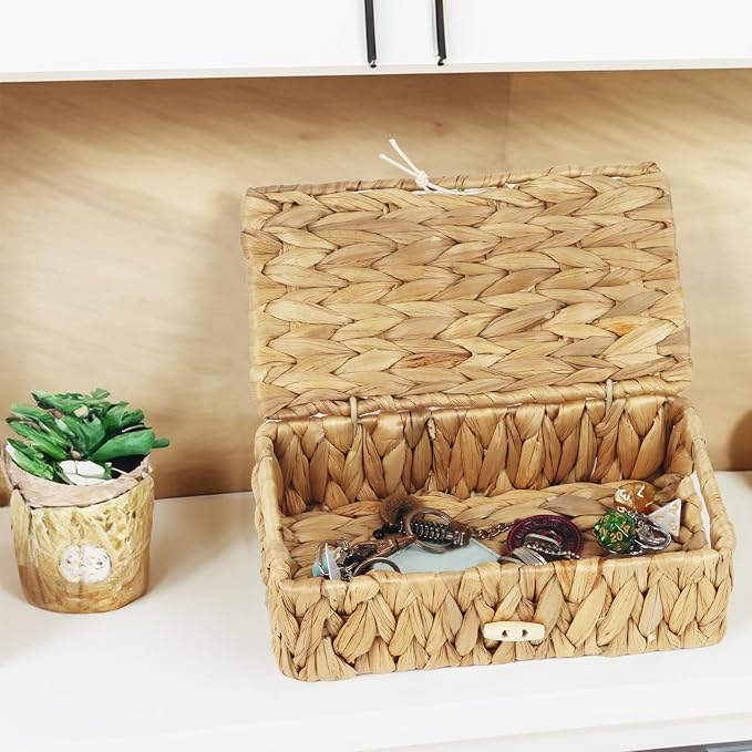 Small Basket with Lid, Wicker Storage Basket for Organizing, Rectangular Woven Basket for Storage, Water Hyacinth Decorative Boxes Bins with Lids (9" x 5.1" x 3") - Image 8