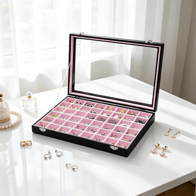 Stratalife Jewelry Organizer 48 Grid Jewelry Tray with Clear Lid Dust-proof Velvet Earring Organizer Necklace Rings Holder Display Drawer Storage Case for Women Pink Black - Image 6
