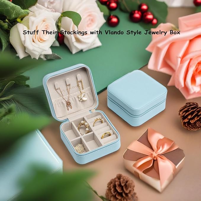Vlando Small Travel Jewelry Box Organizer Display Case for Girls Women Gift Rings Earrings Necklaces Storage, Blue - Image 5