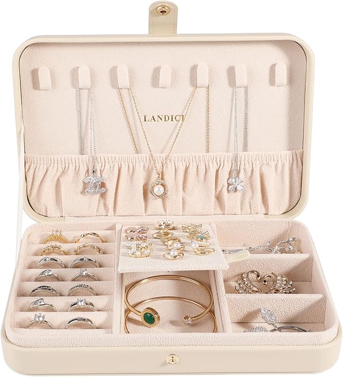 LANDICI Small Jewelry Box for Women Girls, PU Leather Travel Jewelry Case, Portable Jewelry Organizer Storage Holder Display for Ring Earrings Necklace Bracelet Brooch Men Kids Gift, Apricot - Image 2