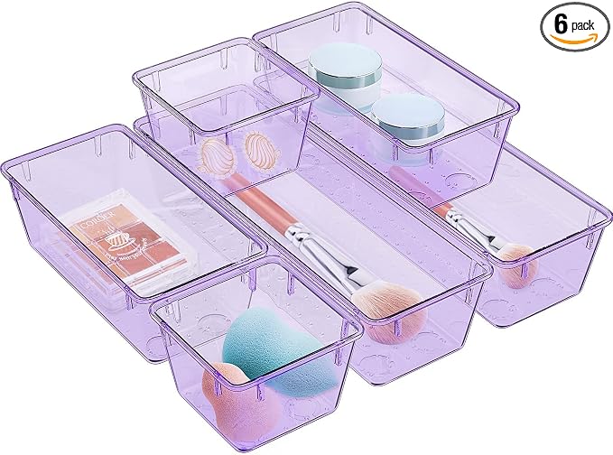 WOWBOX 6 Pack Clear Drawer Organizer Set, Acrylic Drawer Storage Trays, Storage Bins for Makeup, Cosmetics, Jewelries, Utensils, Gadgets, Office, Purple by WOWBOX