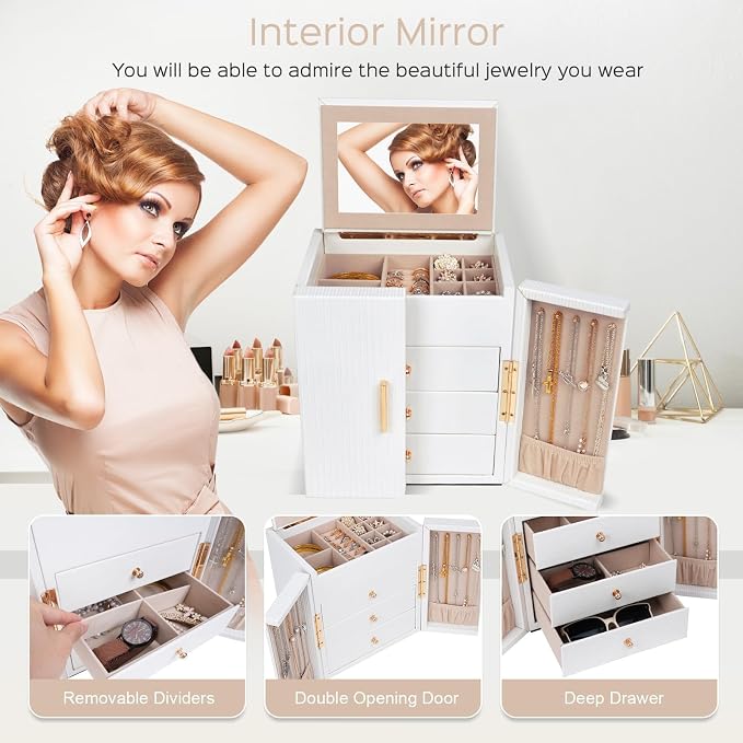 Dajasan Large Jewelry Box Organizer, Jewelry Storage Organizer with 3 Drawers, Huge Jewelry Box with Mirror for Women Girls, Double Door, Textured PU Leather, Gift Idea, Stylish (White + Gold) - Image 5