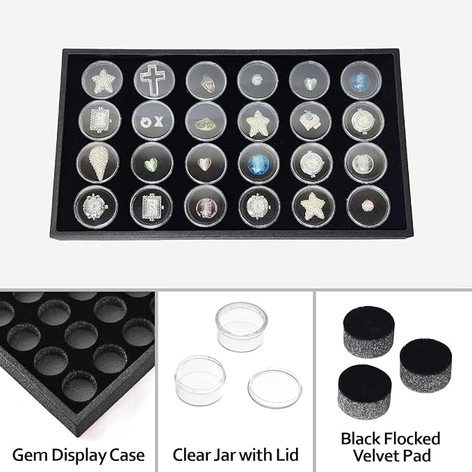 Ikee Design 24 Gem Showcase Stackable Jewelry Display Tray for Collectibles, Rock Storage Box Gemstones Bead Storage Jars, Black Foam, Black Tray, 14 7/8W x 8 3/8D x 1H in - Image 4