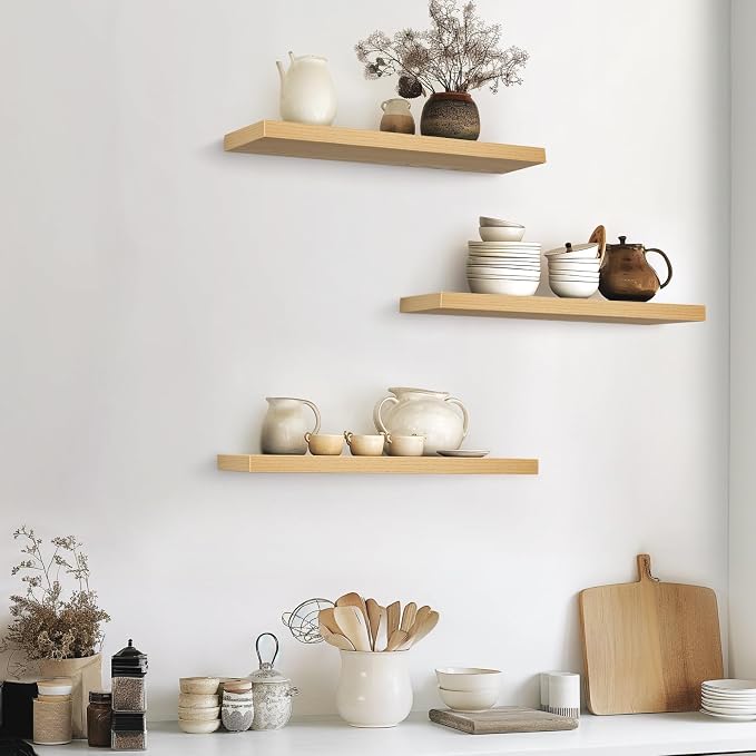BAYKA Floating Shelves for Wall, 22.5 inches Wall Mounted Rustic Wood Shelves for Bathroom, Bedroom, Living Room, Floating Shelves for Books/Storage/Decor (Light Oak-Toned,Set of 3) - Image 2