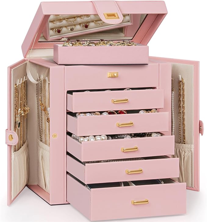 AKOZLIN 6-Tier Jewelry Box Organizer Functional 5 Drawers Leather Jewelry Storage Case for Women Girls Ring Necklace Earring Bracelet Holder Organizer with Mirror Pink - Image 7