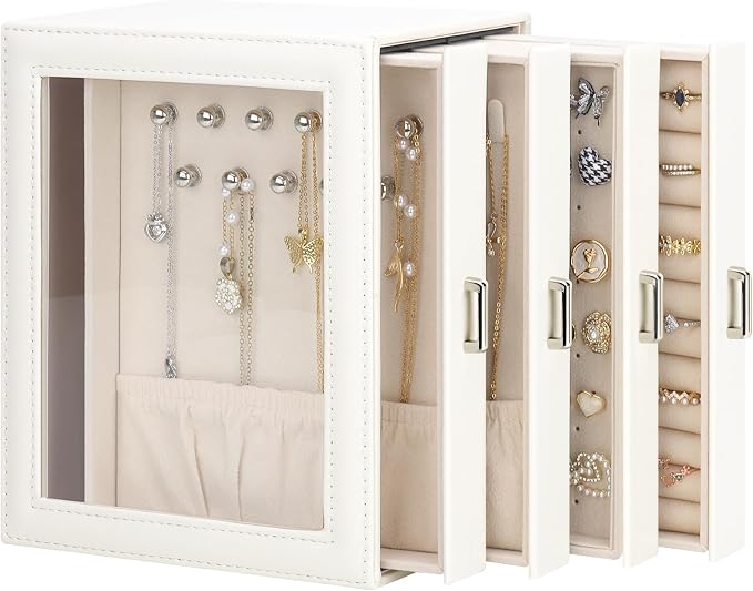 DesignSter Jewelry Box Organizer, Jewelry Box for Women, PU Jewelry Organizer Display Case with Side Drawers, Jewelry Storage for Earring Necklace Ring Bracelet Watch by DesignSter