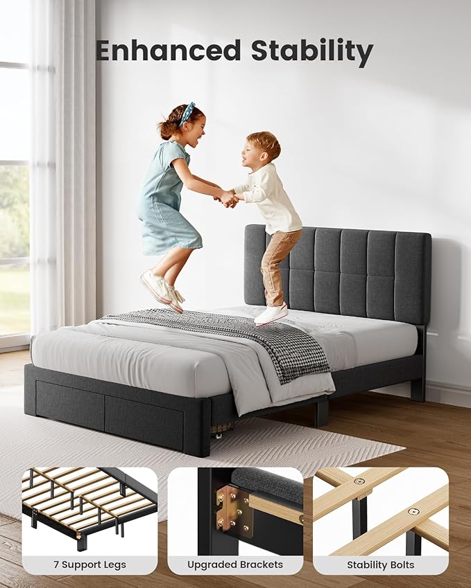 Pipishell Full Bed Frame with 2 Storage Drawers, 12 Sturdy Legs, Solid Wooden Bed Base with Upholstered Headboard for 6″ to 14″ Mattresses, 1300 lbs High Weight Capacity, Easy Assembly, Dark Gray