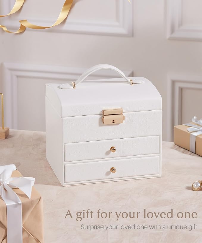 Homde Mothers Day Gifts Small Girls Jewelry Box with Lock: 3 Layer Organizer with Removable Tray - Storage for Ring Necklace Earring - Birthday & Return Gifts for Young Women (Cloud White) - Image 3