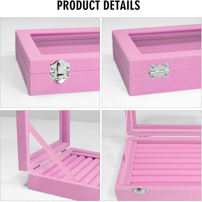 Vicoter Rings Organizer Tray 7 Slots Velvet Jewelry Earring Storage Box with Transparent lid Jewelry Display Case for Girls Wife Mom Women (Pink) - Image 4