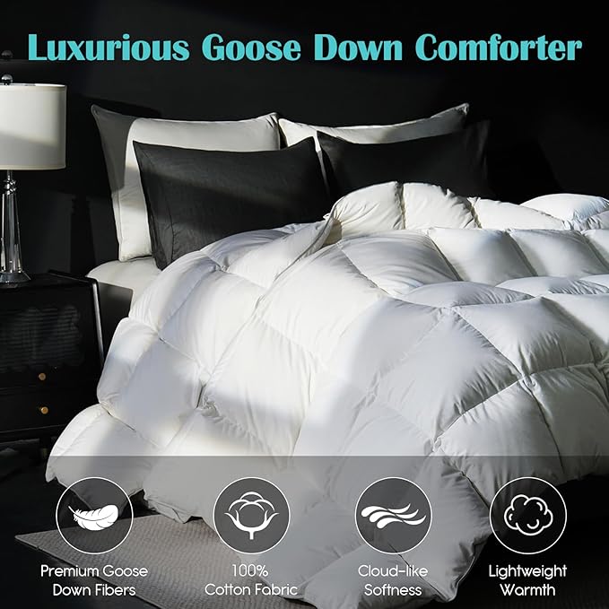Goose Feather Down Fiber Comforter Twin, 100% Cotton Cover Ultra Soft Fluffy Twin Duvet Insert, All Season Luxurious Hotel Collection Comforter with 8 Loops, White 68"x90"