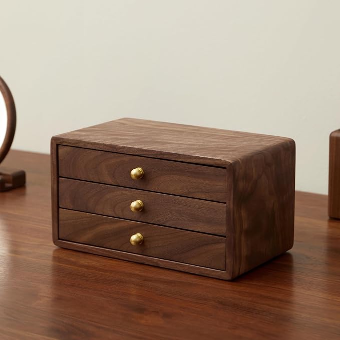 Wooden Jewelry Box for Women & Men, Large Velvet Lined Organizer with 3 Drawers, Solid Black Walnut Wood & Brass Handles, Earring Ring Necklace Storage Box - Image 8