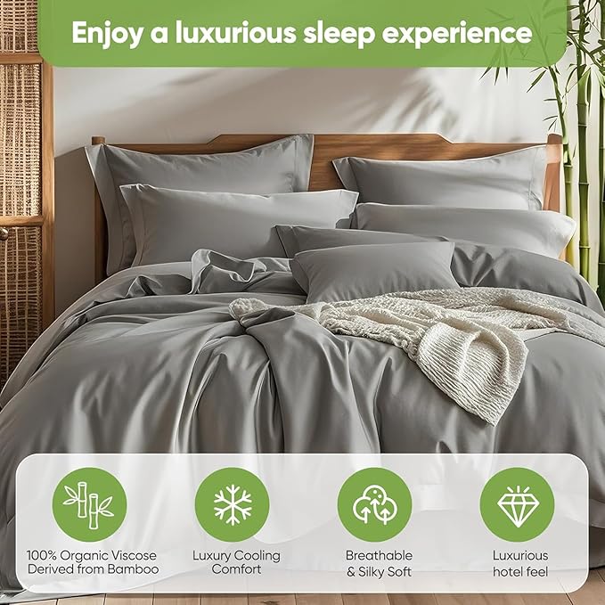 TWK Luxury Sheet Set, Genuine 100% Organic Viscose Derived from Bamboo, Cooling & Breathable, Silky Soft, Bedding Sheets & Pillowcases (Gray, King)