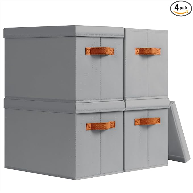 Homsorout Storage Bins with Lids - Fabric Storage Baskets for Shelves, 4 Pack Foldable Decorative Boxes with Handles, Stackable Organizer Bins for Home, Nursery, Dorm, Grey by Homsorout