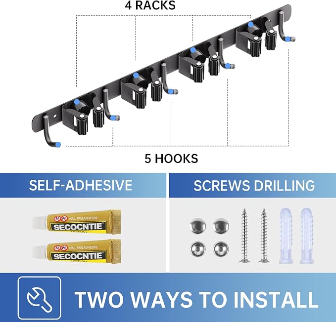 ZONGOOL 2 Pack Broom Holder Wall Mount, 4 Racks and 5 Hooks Mop Hanger Wall Mount Broom Organizer Stainless Steel Heavy Duty Garage Tool Racks for Home Kitchen Garden Laundry (Black) - Image 6