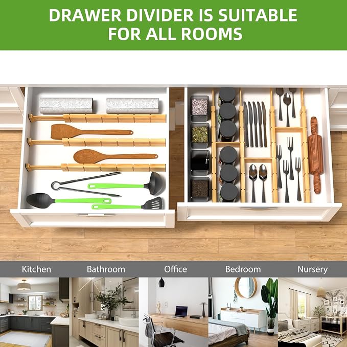 ANTOWIN 4 Pack Expandable Drawer Dividers, 2.2'' High, Extend from 17'' to 22'', Dresser Drawer Organizers, Bamboo Separators for Kitchen, Bedroom, Office, Bathroom, with 12 Pack Divider Inserts - Image 7