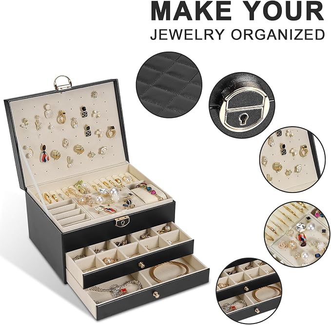 3-Layer Jewelry Box for Women, Jewelry Organizers and Storage with Removable Jewelry Tray, Vintage Quilted Top Lockable Jewelry Holder Gift Idea Black - Image 3