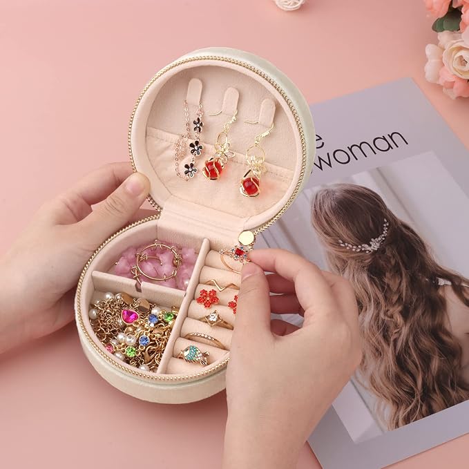 DesignSter Travel Jewelry Box - Velvet Mini Jewelry Organizer, Small Jewelry Case for Girls Women, Jewelry Storage Box for Rings Earrings Necklace (Circular, Cream Beige) - Image 6