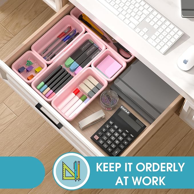 6 PCS Drawer Organizer Set, 3 Size Makeup Drawer Divider Organizer With Non-Slip Pads, Interlocking Plastic Storage Bins for Office,Jewelry Vanity,Gadgets, Bathroom,Kitchen, Pink - Image 4