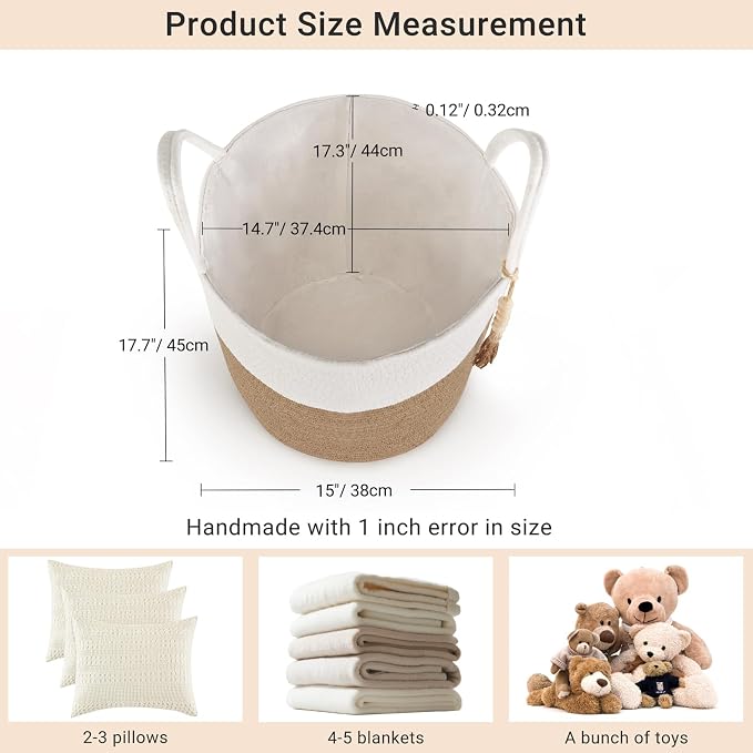 Mkono Woven Storage Basket Decorative Rope Basket Wooden Bead Decoration for Blankets,Toys,Clothes,Shoes,Plant Organizer Bin with Handles Living Room Home Decor, 15"Wx17.7"L,White and Yellow - Image 7